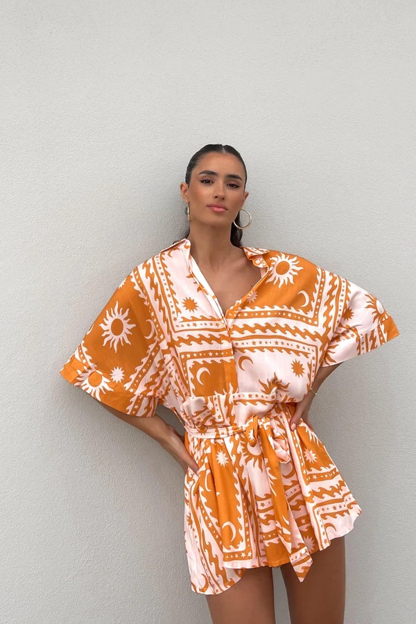 Summer Women Waist Controlled Lace up Geometric Abstract Printed Sexy Jumpsuit Amplified craft