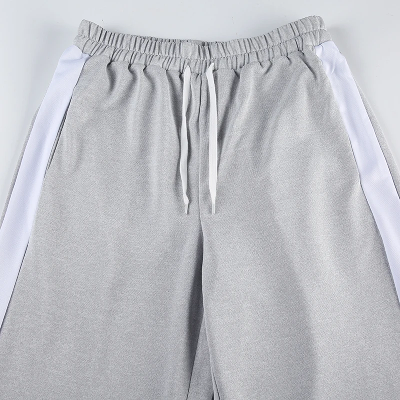 Gray Drawstring Elastic High Waist Casual Sweatpants Women Side Stripe Contrast Patchwork Black Loose Jogging Track Pants
