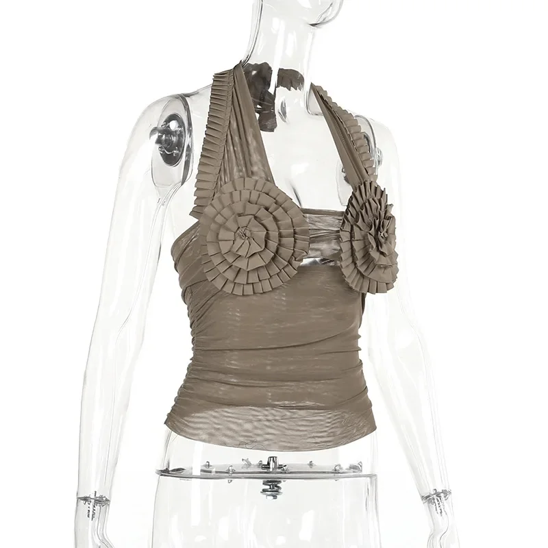 Fashion Patchwork Backless Tank Top For Women Lace-Up Sleeveless See-Through Mesh Hollow Out Pleated Y2k Top Vest Summer