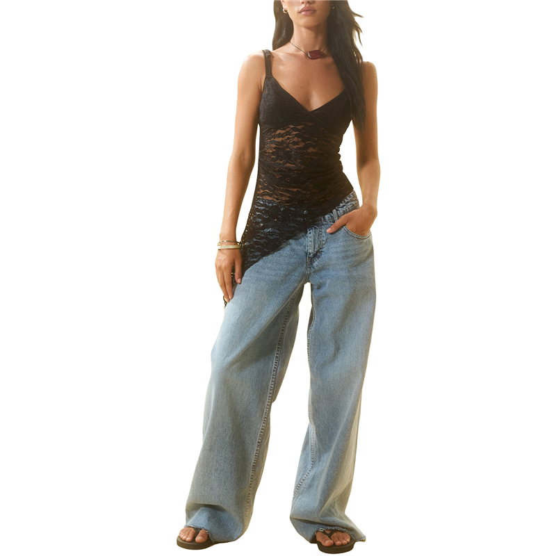 Lace Top y2k Aesthetic Women See Through V Neck Spaghetti Strap Sleeveless Ruffle Hem Tanks Black Camisole Streetwear