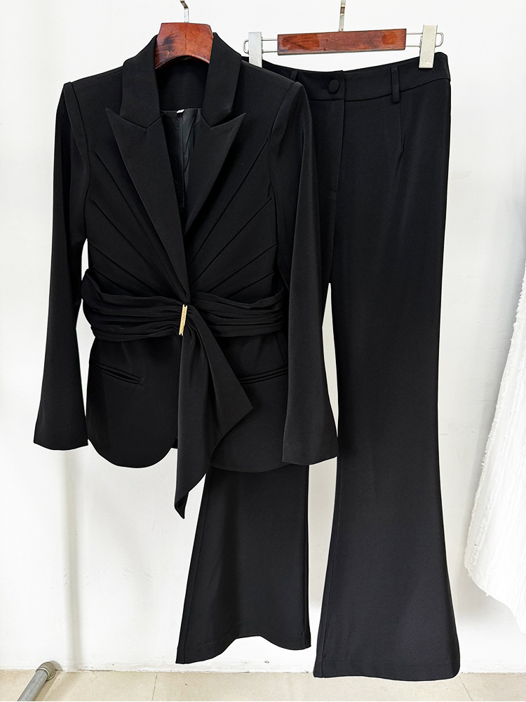Women Asymmetric Belt Slim Fit Blazer Trousers Set