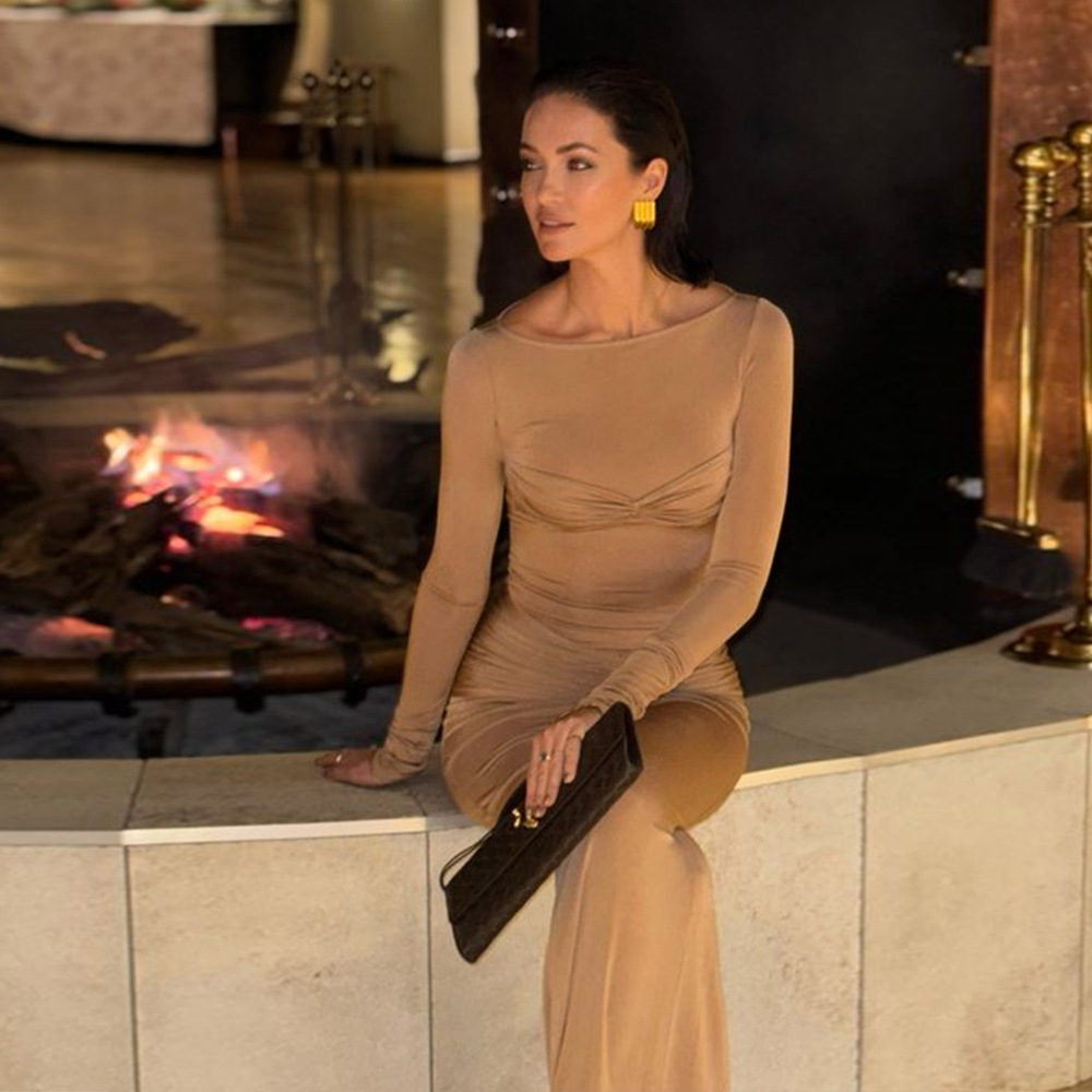 Pleated Sheath Dress Sexy Solid Color round Neck Long Sleeve Slim Fit Dress