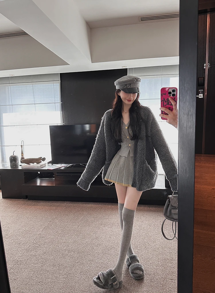 Autumn Knitted Two Piece Skirt Set Women Long Sleeve Single Breasted V-neck Top Mini Pleated Skirt Korean Chic Female Outfit New