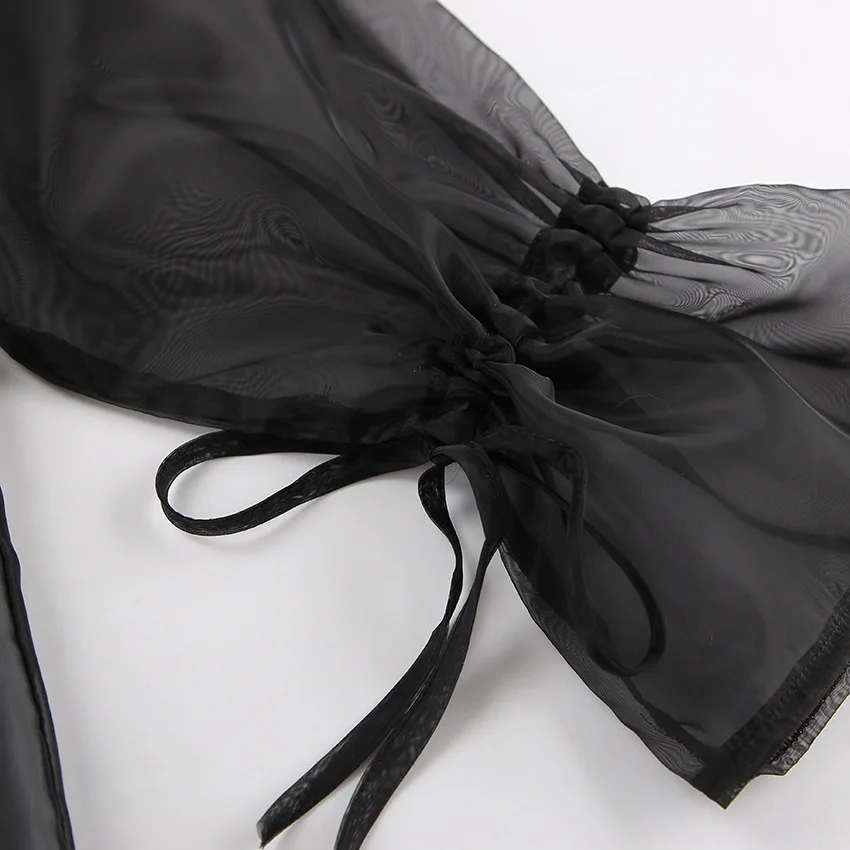 Mesh See-through Lace-Up Shirt Women's Sexy Long Sleeve Tops Fashion Solid Color Casual Streetwear Women's Shirt Tops