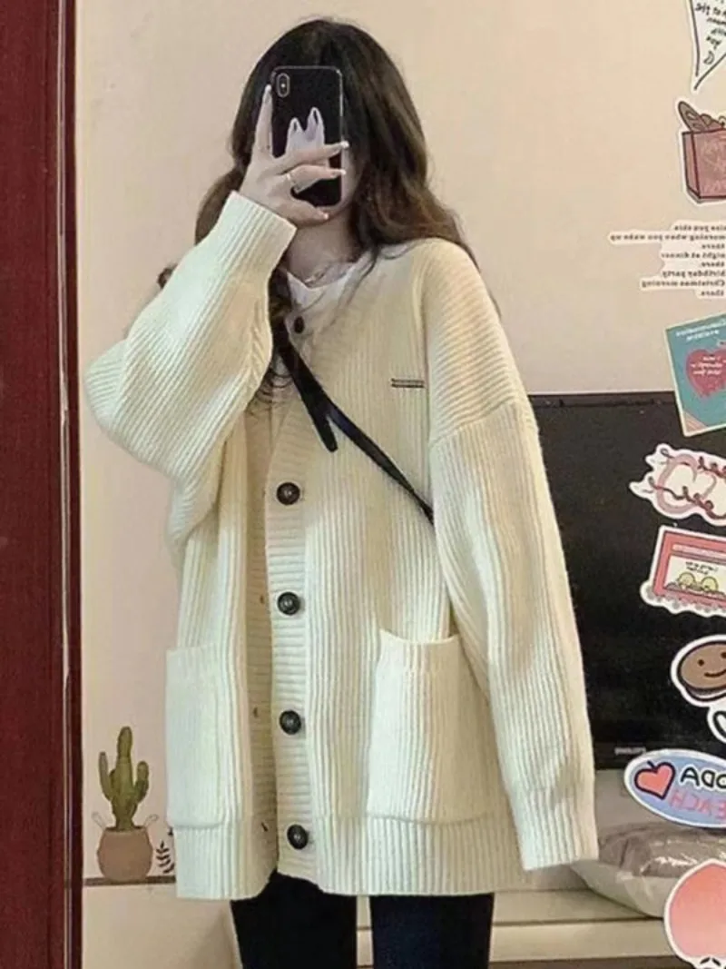 Women Sweater Cardigans Coats Autumn Winter Fashion Female Long Sleeve V-neck Loose Knitted Jackets Casual Cardigan Sweaters