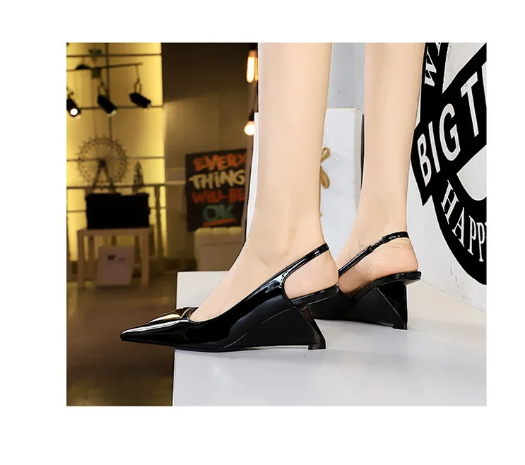 Patent Leather High Heels Wedges Shoes Lady Trendy Pumps Pointed Toe Hollow Back Strap 6.5 Cm Women Sandals White Heels Shoes
