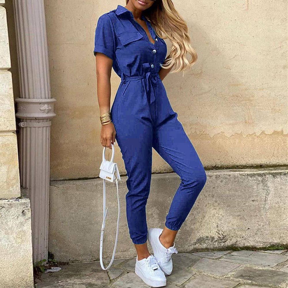 Women Clothing Trousers Casual Collared Button Printed Belt Cargo Overalls Plus size
