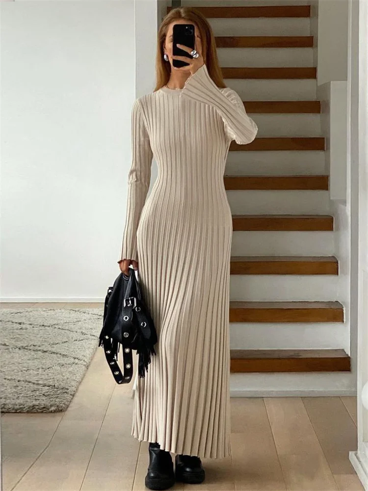 Fall Winter New Knitted Long Dress Female Casual Slinky High Waist Rib Sweater Bodycon Dresses Lady Holiday Party Outfits
