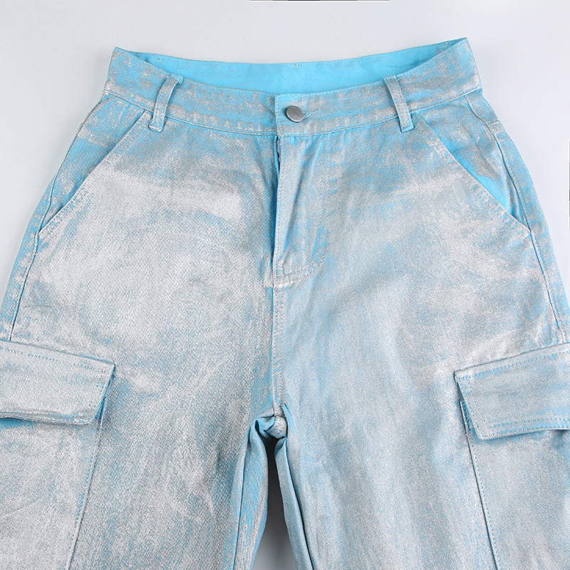 Women Clothing Metallic Coated Fabric Bright Silver Jeans Workwear with Pocket Casual Pants Straight Leg Pants Sets