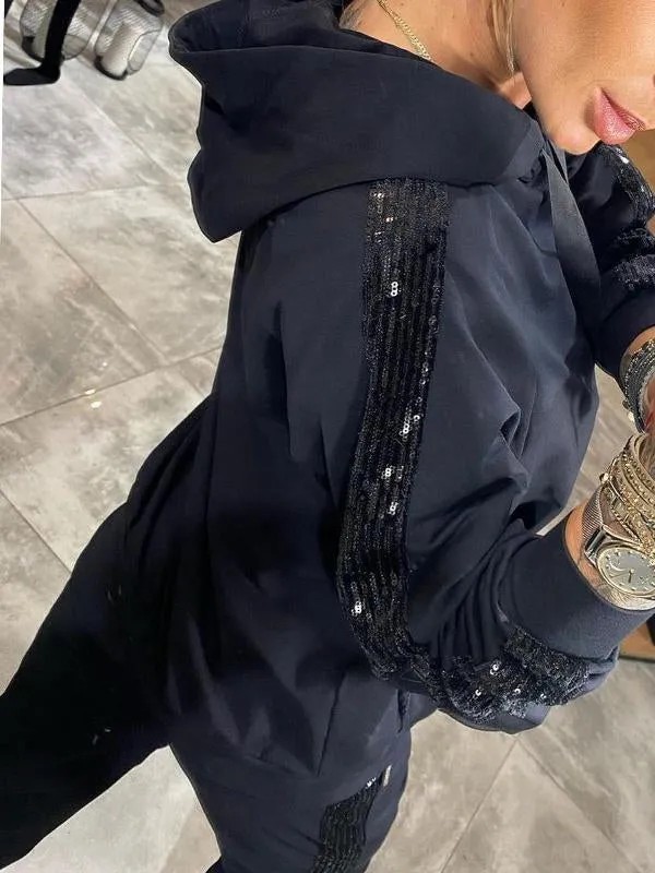Casual Sequin Pocket Sports Hooded Sweatshirt Sweatpants Suit