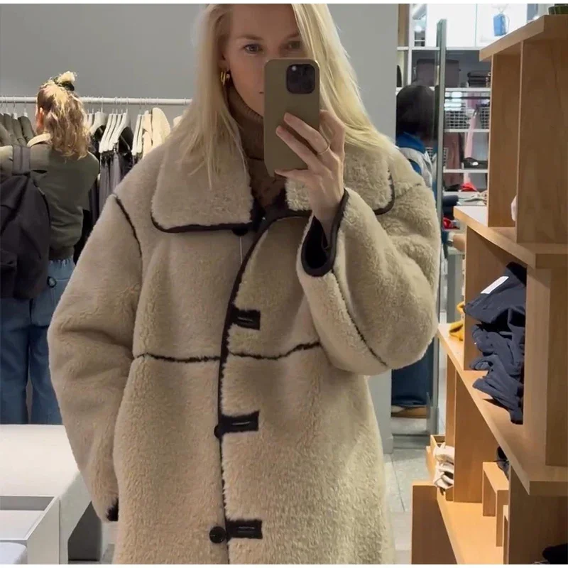Fashion Beige Faux Fur Long Coat Women Winter Buttons Lapel Long Sleeve Lamb Fleece Jacket 2025 New Lady Loose Street Outerwear