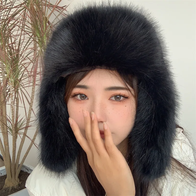 Winter Women Fluffy Furry Faux Fox Fur Bomber Hats Flaps Luxury Vintage Y2k Girls Warm Earflap Snow Ski Hat Caps Russian