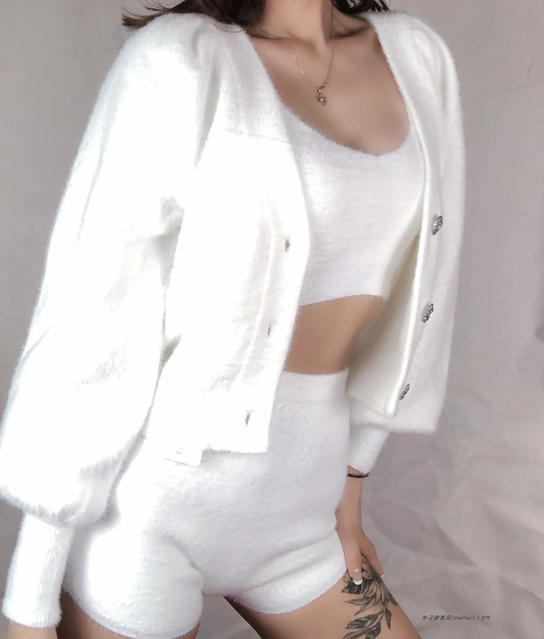 Women's 3-piece Set Korea Style White Cardigan Furry Single-breasted Button Tank Top Knitted Sweater Jumper Shorts Pants Set