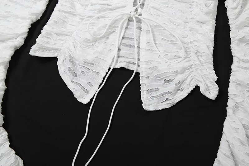 Autumn Fashion Ruffled T-shirt Cropped Top Female Hollow Out Lace-Up Patchwork Loose Outwear White Women Bandage Tee Coat