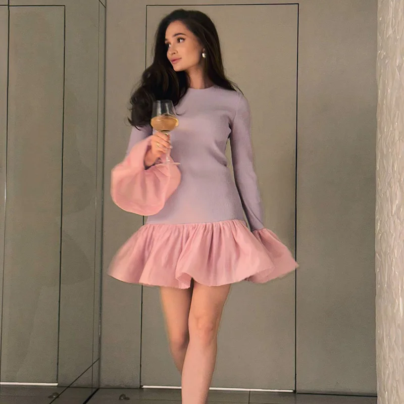 Knitted Mini Dress Female Long Sleeves Gown Flare Sleeves Spliced Autumn Winter Dress A-Line Sweet Bodycon Women Clothes