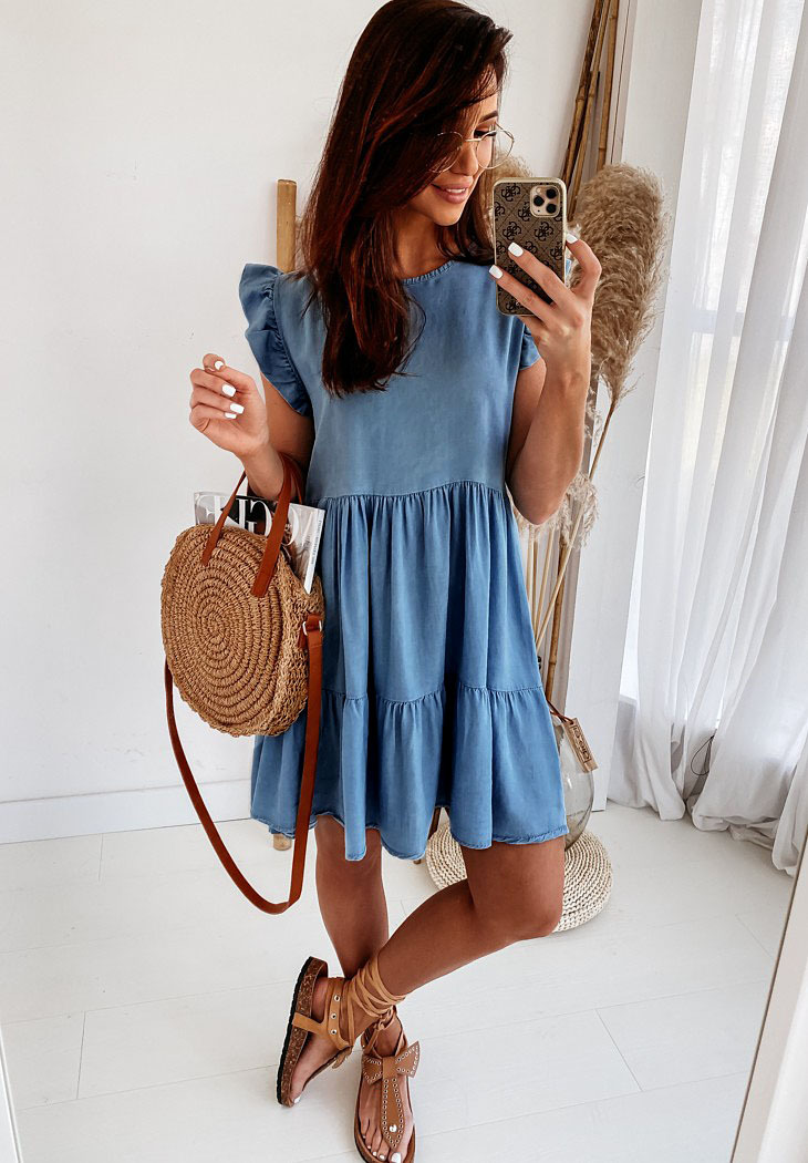 Spring Summer Loose Cake Mold Short-Sleeved Denim Dress Women round Neck