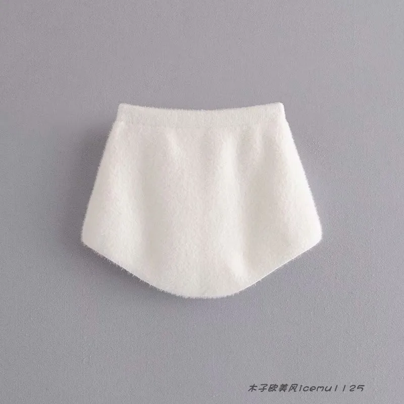 Women's 3-piece Set Korea Style White Cardigan Furry Single-breasted Button Tank Top Knitted Sweater Jumper Shorts Pants Set