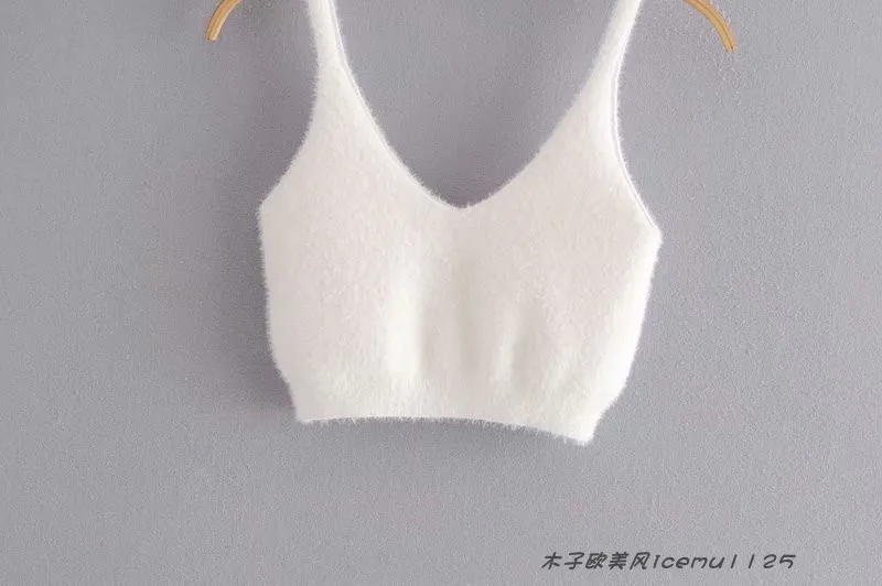 Women's 3-piece Set Korea Style White Cardigan Furry Single-breasted Button Tank Top Knitted Sweater Jumper Shorts Pants Set