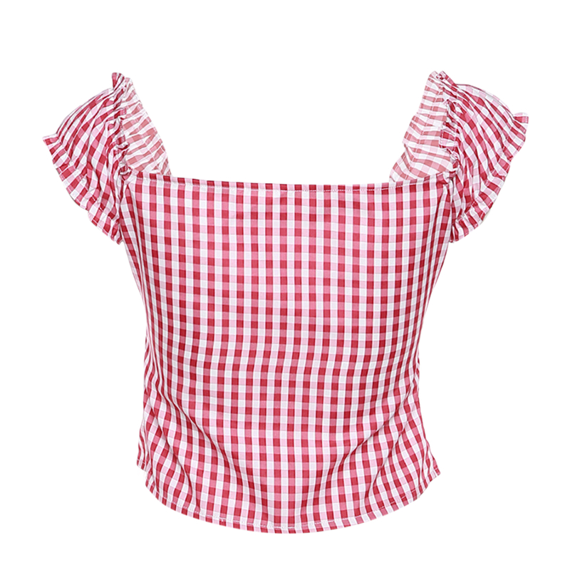 Fairy Grunge Plaid Crop Top Summer Women Short Sleeve Tie Up Bandage Vest Kawaii Off Shoulder T Shirt Female Clothes