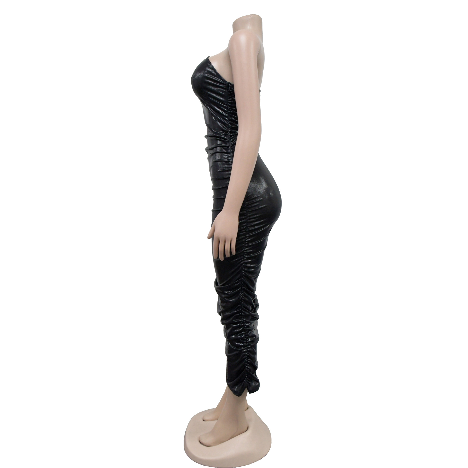 Metallic Coated Fabric Women Wear Solid Color Sexy Sling Diagonal Collar Pleating Dress