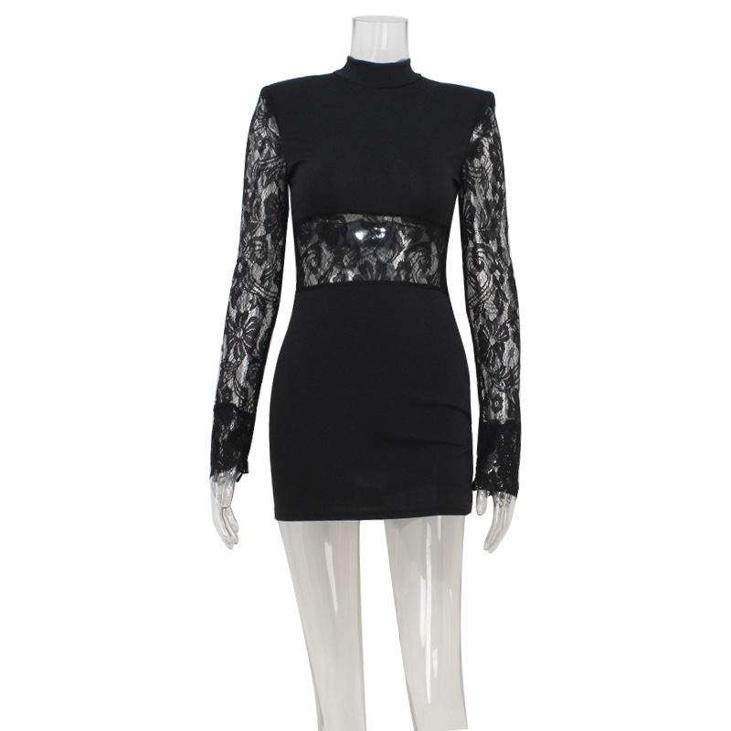 Dress Elegant Cushion Hollow Out Cutout Shoulder Lace Stitching Minority Spring Autumn Sexy Short Dress