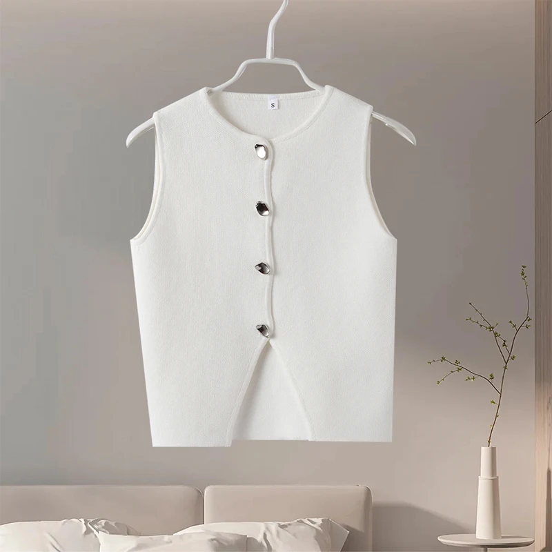 Fashion Knitted Vest Top for Women Short Sleeve V-neck Buttons Loose White Waistcoat Cardigan Female Autumn New in Outwears