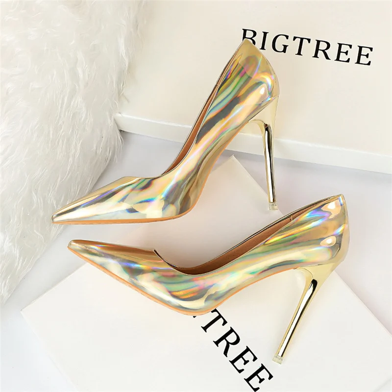Women 10.5cm High Heels Blue Green Valentine Pumps Luxury Glossy Stripper Stiletto Wedding Bridal Fetish Shoes Plus Size 43