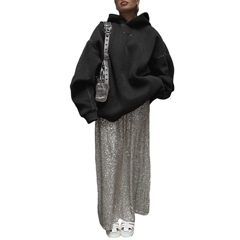 Sequin Long Skirts for Women Solid Color Elastic High Waist Skirt Fashion Elegant Ladies Evening Party Skirt Clubwear