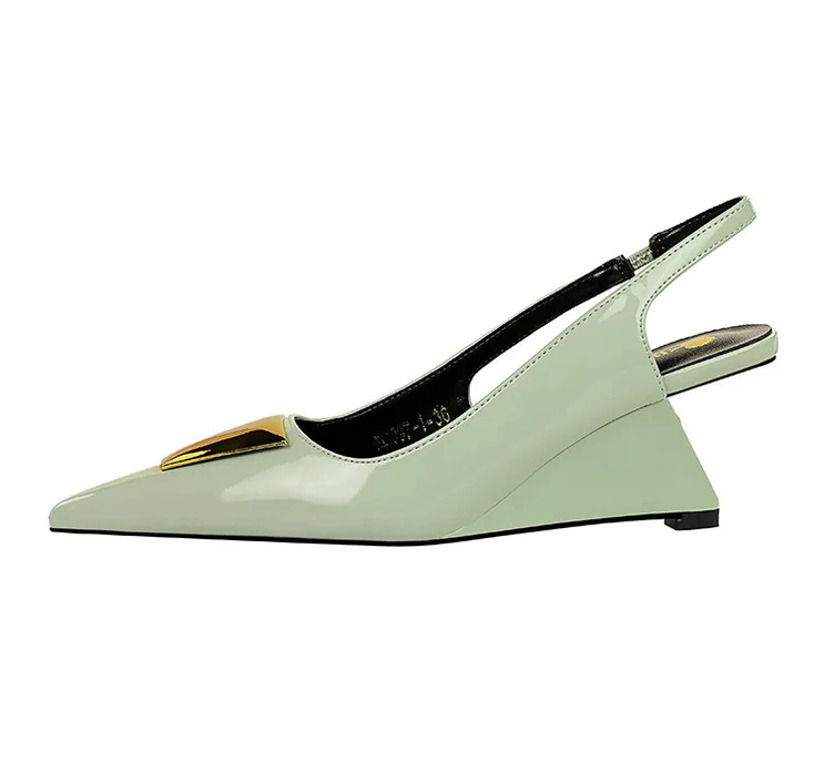 Patent Leather High Heels Wedges Shoes Lady Trendy Pumps Pointed Toe Hollow Back Strap 6.5 Cm Women Sandals White Heels Shoes