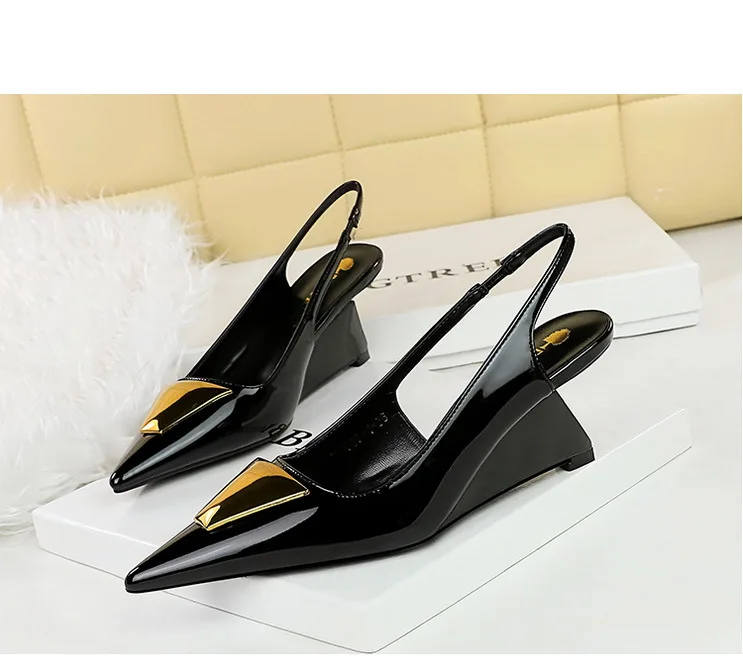 Patent Leather High Heels Wedges Shoes Lady Trendy Pumps Pointed Toe Hollow Back Strap 6.5 Cm Women Sandals White Heels Shoes