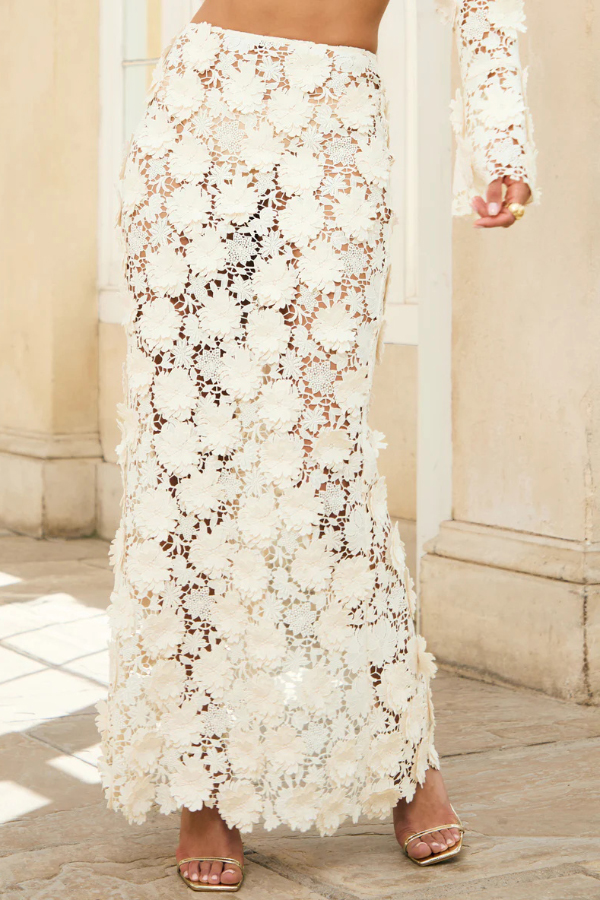 Stylish Long-sleeved Backless Lace Top and Elegant Openwork Maxi Fishtail Skirt Set