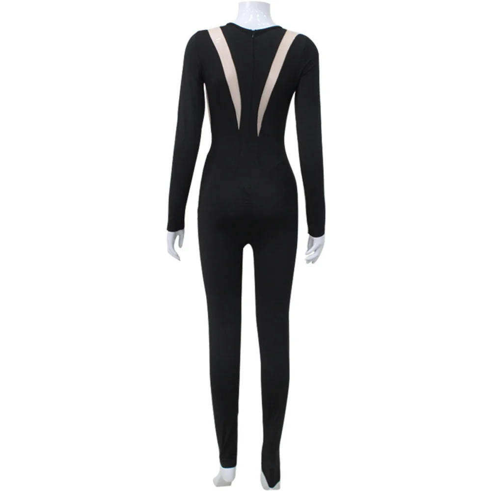 Mesh Stitching Jumpsuit Women Long Sleeve Bodycon One Piece See Through Monos Mujer Elegante Club Sexy Women's Playsuit