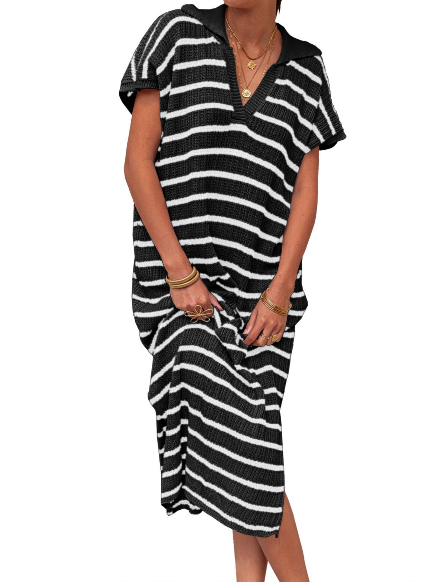 Stripes V-neck Short Sleeve Low-split Lapel Maxi Dresses