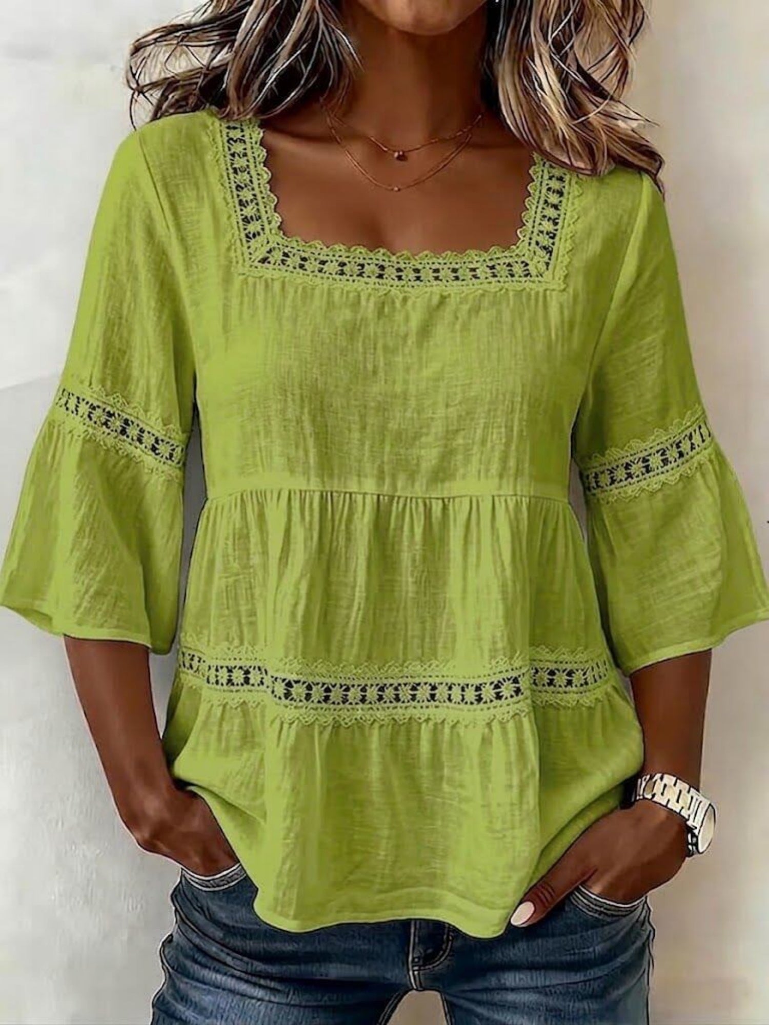 Lace Patchwork Cotton And Linen Square Neckline And Three-quarter Sleeves T-shirts