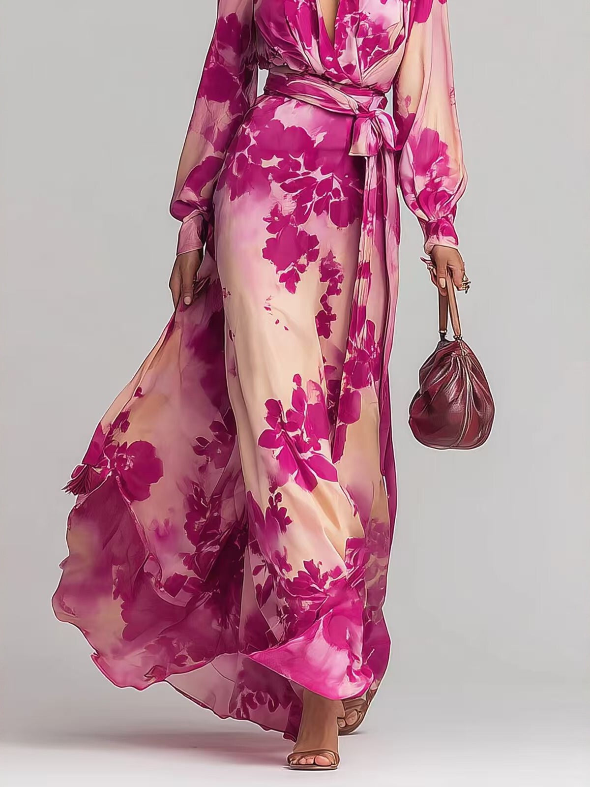 Floral Chiffon Long-sleeved V-neck Tie-waist Maxi Dress