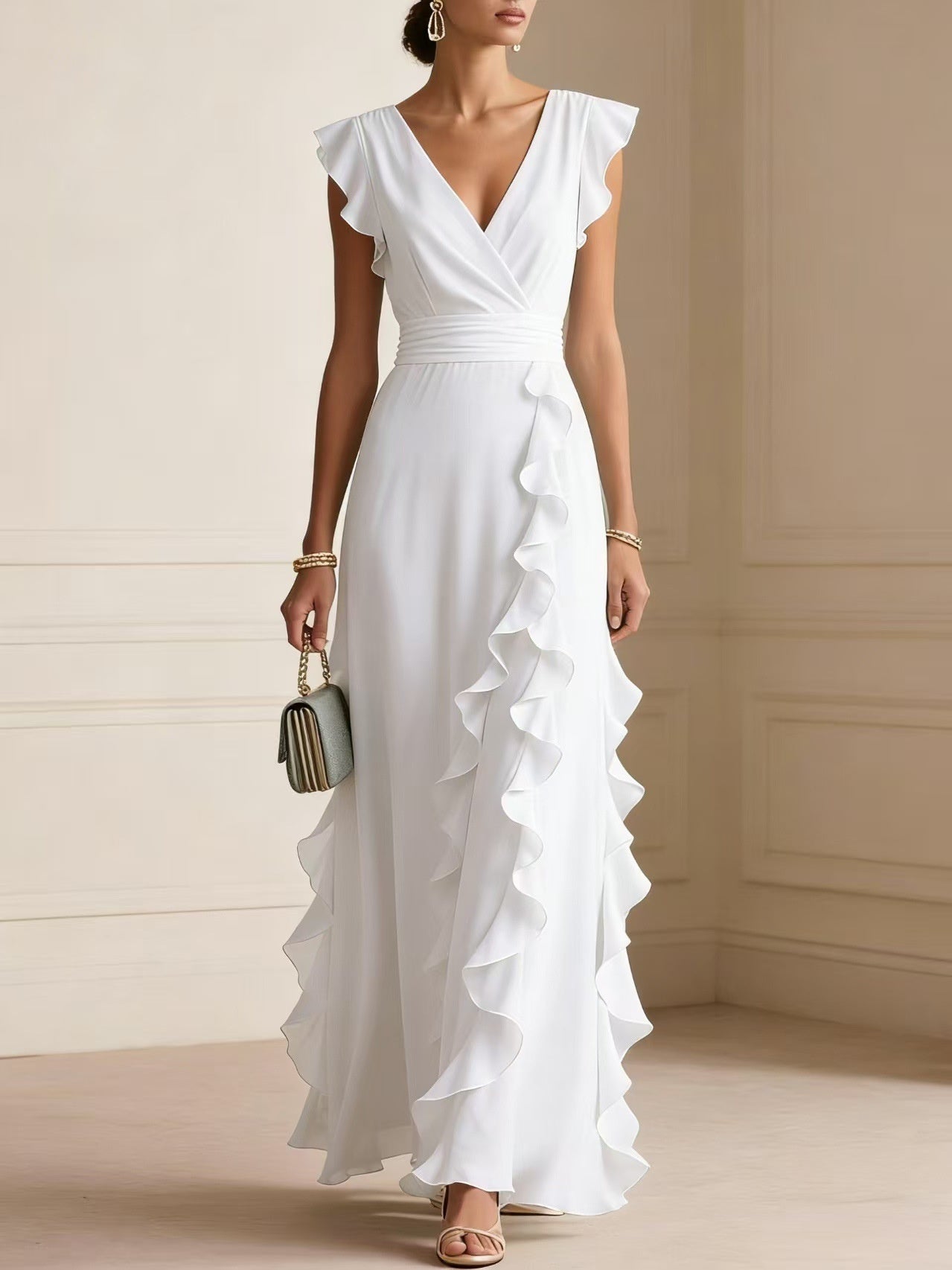 Solid Color Pleated Short Sleeve V-neck Chiffon Long Dress