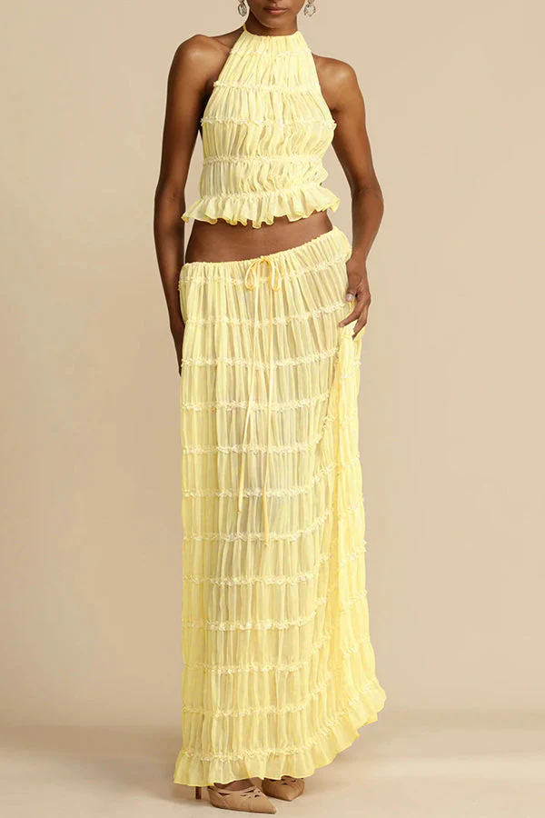 Versatile retro charm pleated drawstring waistline long skirt set