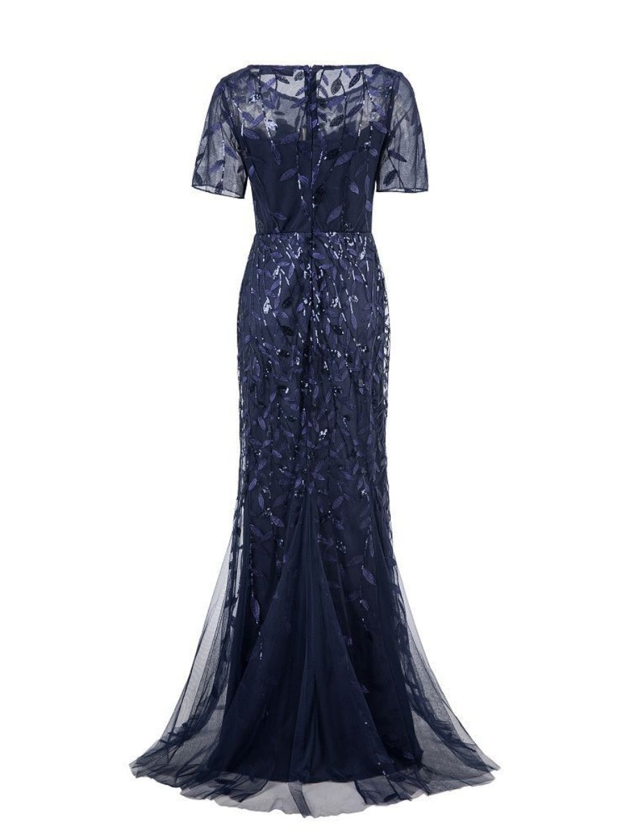 Embroidery Sequins Fishtail Spliced Mesh Formal Dress Maxi Dresses