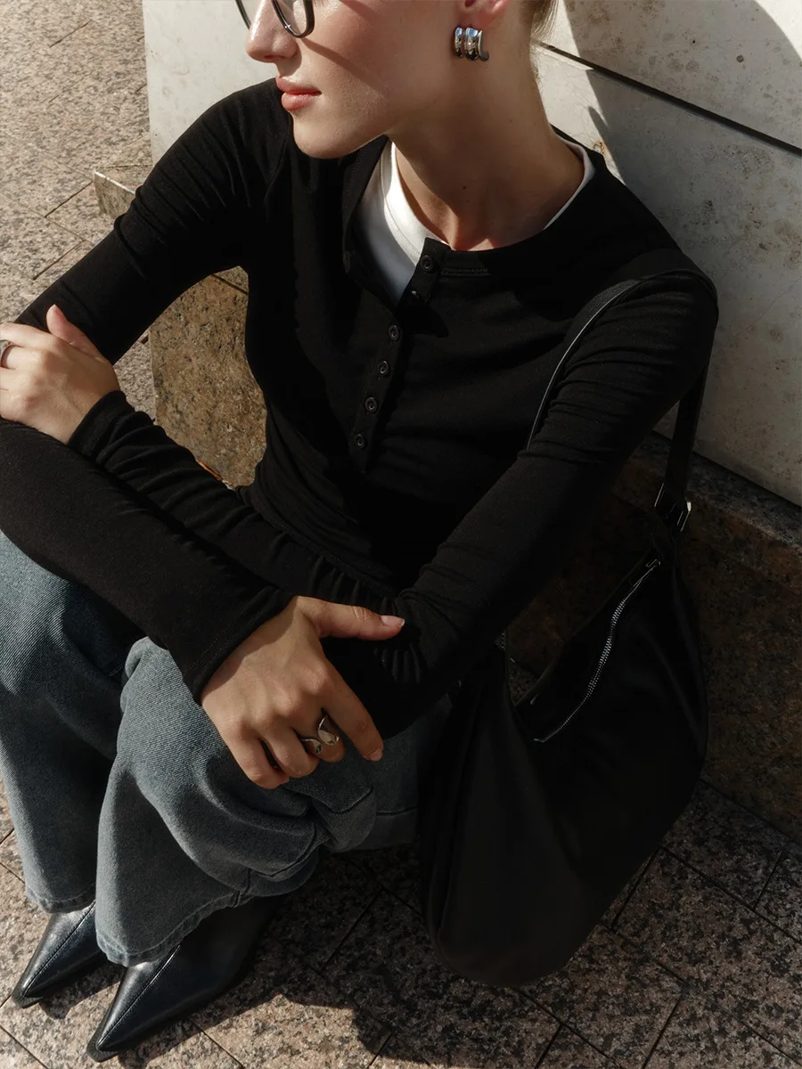 Spring Casual Patchwork T-shirt Pullover For Women Long Sleeve High Waist Inner Slim Y2k Top Clothes Female Solid Tee Top