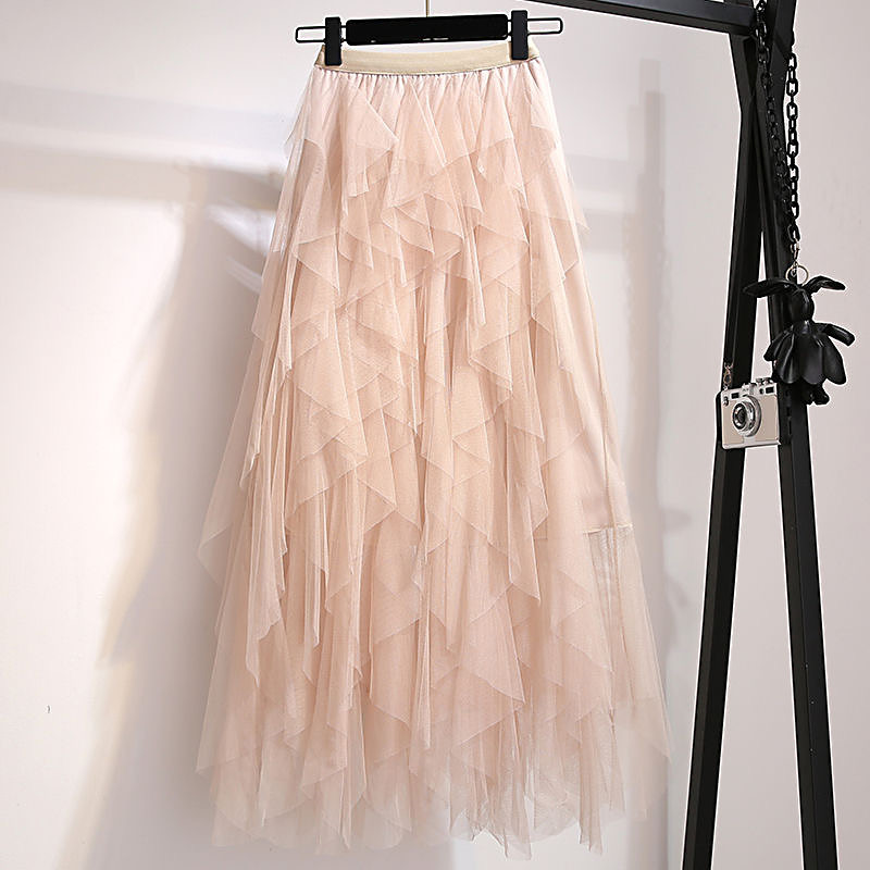Autumn Winter Vintage Layered Tulle Skirt Women Elastic High Waist Mesh Skirts Long Pleated Tutu Skirt Jupe Longue