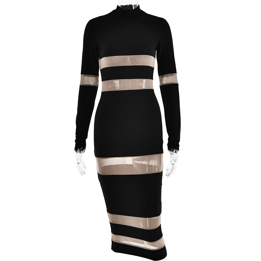 Mesh Patchwork Perspective Long Sleeve Dress For Women's Tight Fit Midi Female Dress Fashion Street Party Club Vestidos