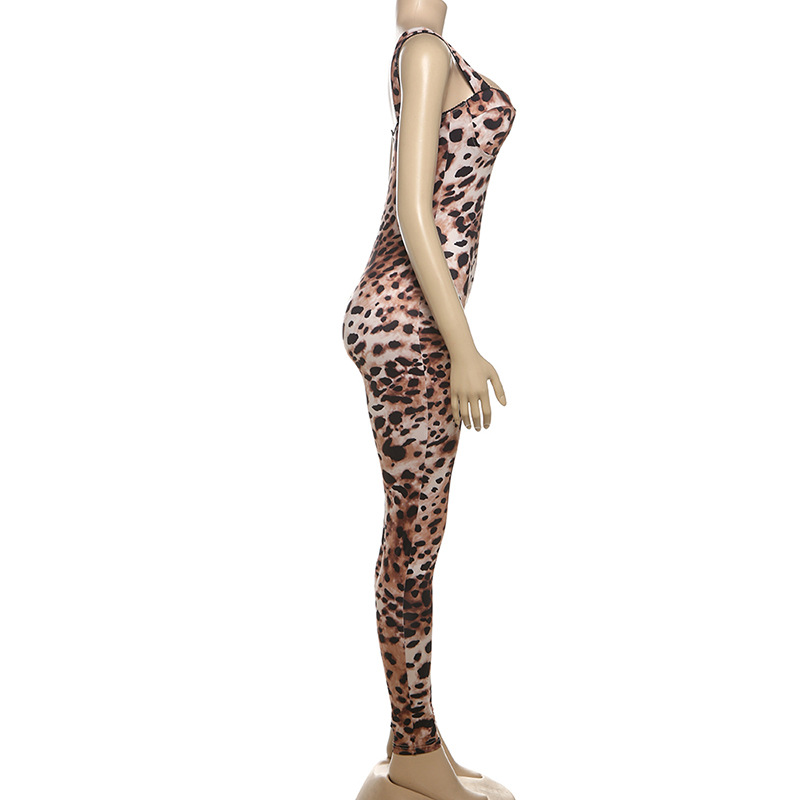 Spring Sexy Sling Backless Leopard Print High Waist Tight Hip Lifting Jumpsuit