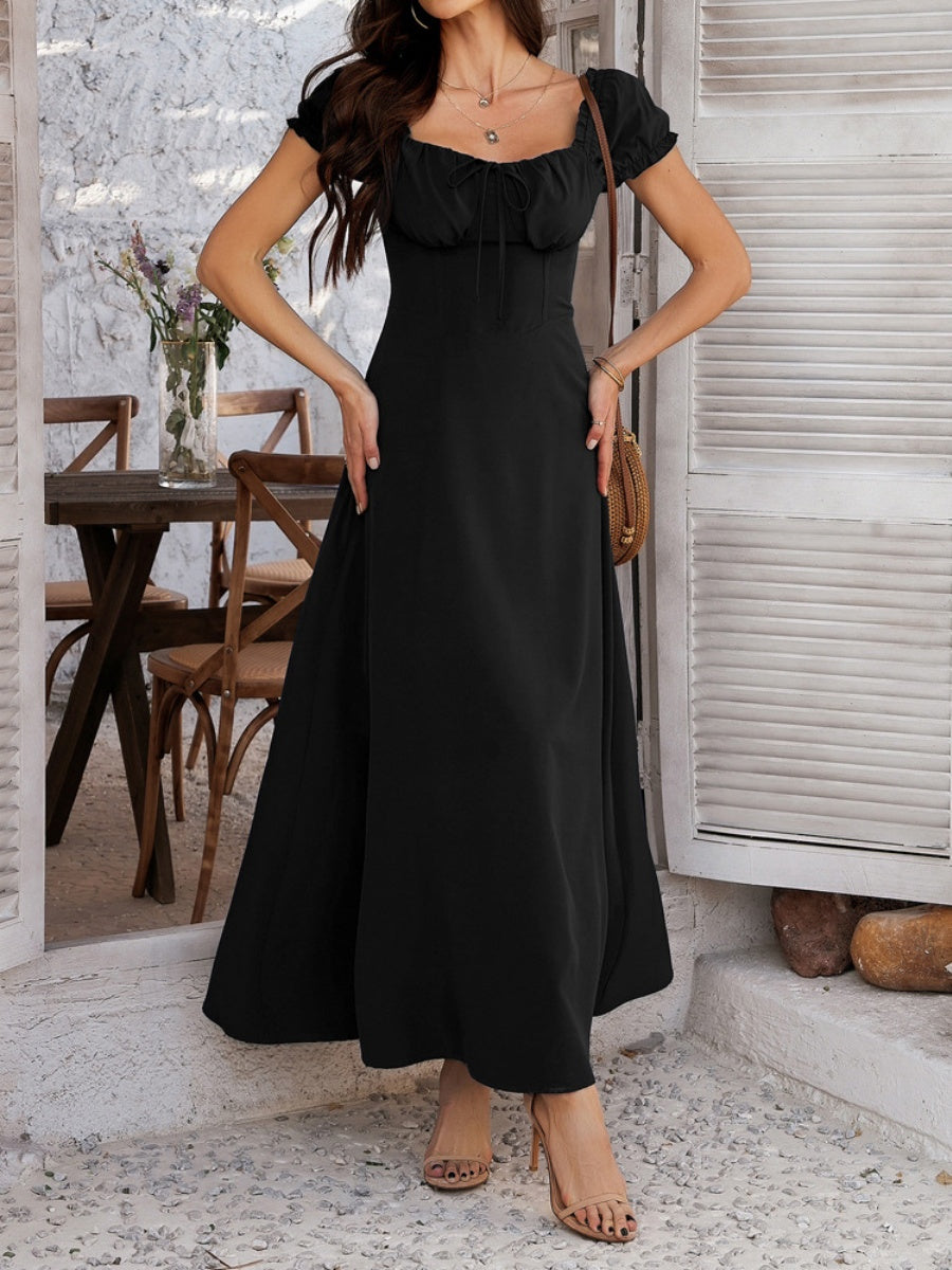 Tie-waist Ruched Puff Sleeve Long Dress