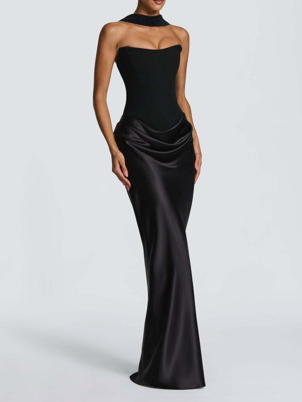 Satin Tie Ribbon Off-shoulder Sexy Strapless Bodycon Maxi Dress With Cinched Waist