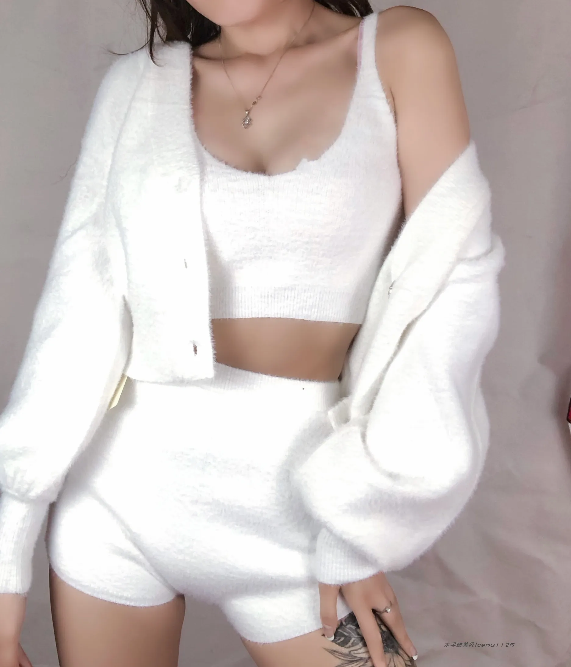 Women's 3-piece Set Korea Style White Cardigan Furry Single-breasted Button Tank Top Knitted Sweater Jumper Shorts Pants Set