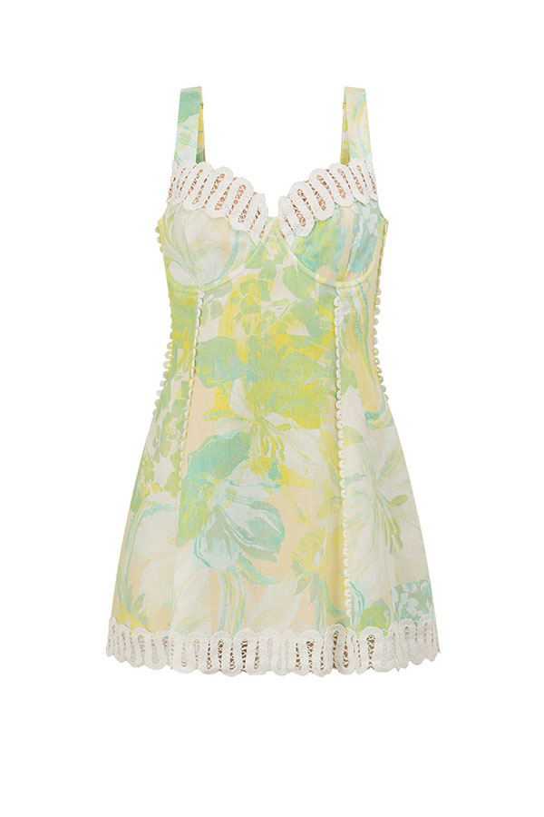 Stelle Linen Blend Floral Print Crochet Zig Zag Trim Back Lace-up Mini Dress