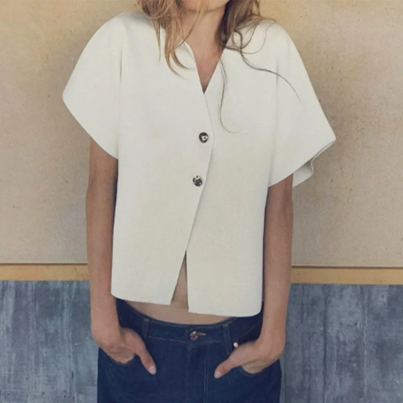 Fashion Knitted Vest Top for Women Short Sleeve V-neck Buttons Loose White Waistcoat Cardigan Female Autumn New in Outwears