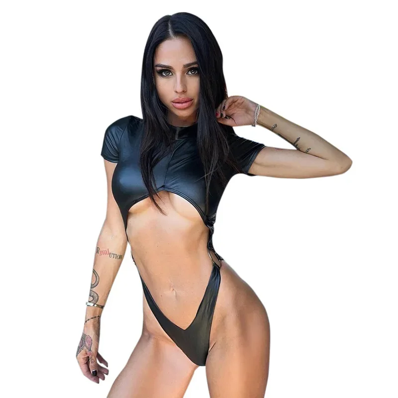 PU Sexy Bodysuit Lingerie Black Top Women Rave Outfit Short Sleeve Body Feminino Hollow Out One-Pieces Lenceria Bodys Sexy Mujer