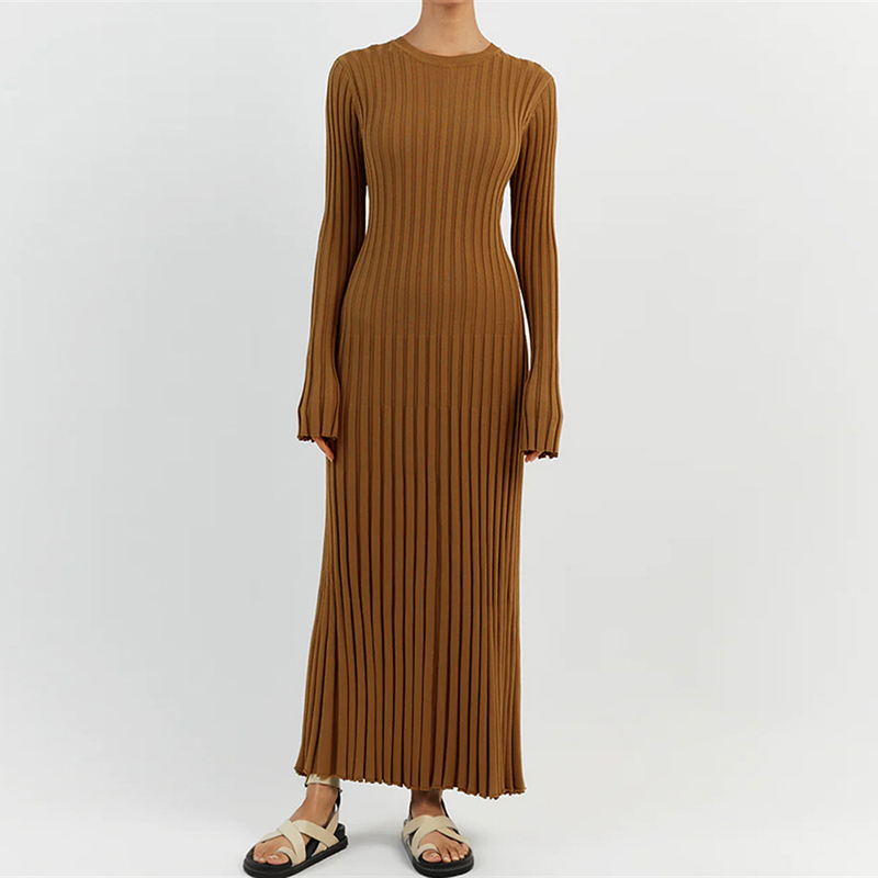 Women Elegant Ribbed Knit Full Sleeve Maxi Dress Crew Neck Bodycon Pencil Long Dress Tie Waist Dress 90s Vintage Streetwear