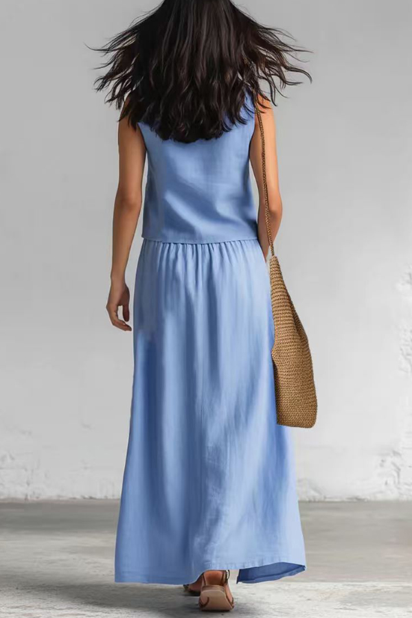 Linen Blend Loose V-neck Sleeveless Top and Elastic Waist Casual Pocket Midi Skirt Set
